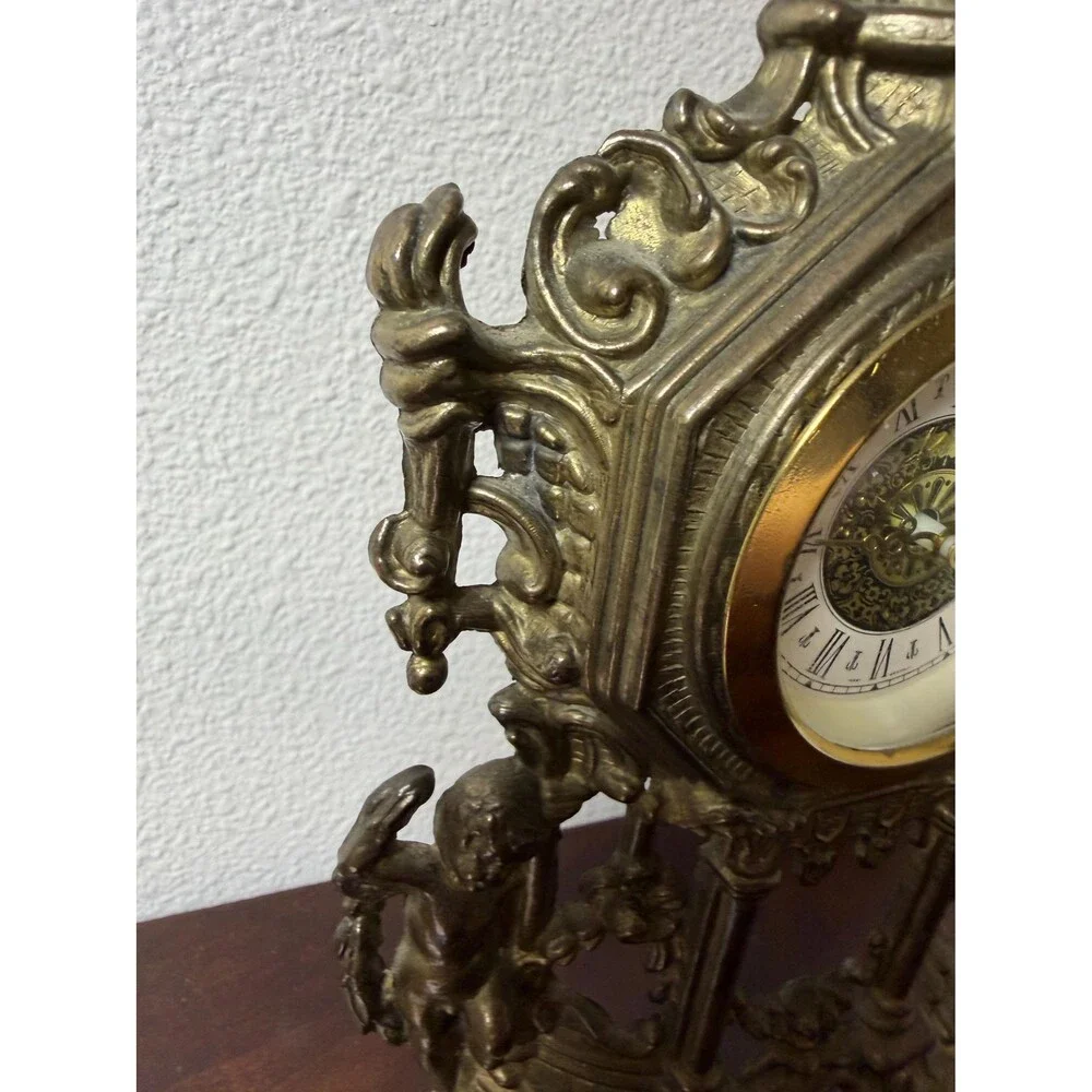 Vintage Brass Table Clock | Baroque Gothic Revival Mantel Clock